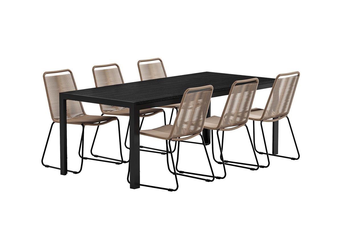 Venture Design Lindos & Mirko Matstolar 2-pack Brun + Rektangulära Matbord 205 x 90 Svart