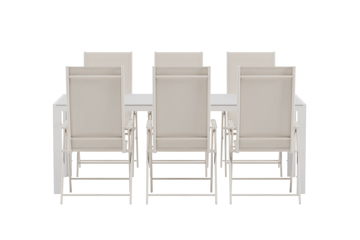 Venture Design Break & Levanzo Rektangulära Matbord 205 x 90 Vit + Positionsstolar 2-pack Beige