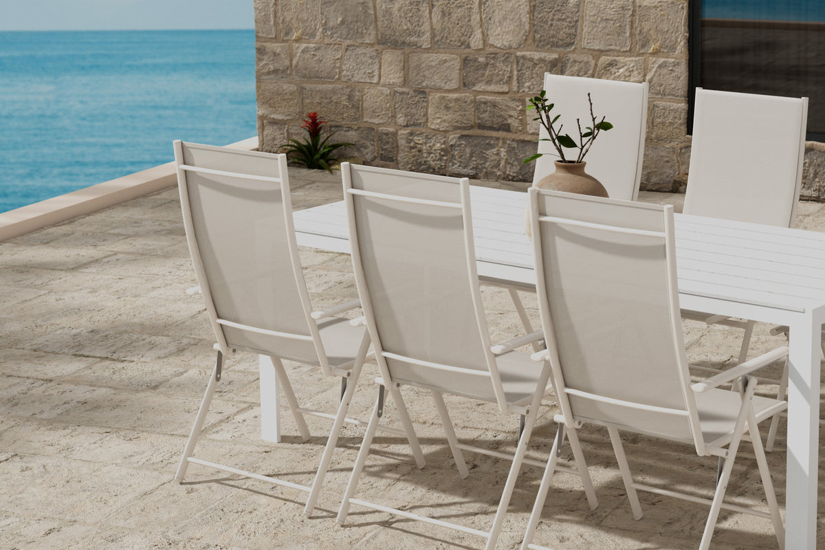 Venture Design Break & Levanzo Rektangulära Matbord 205 x 90 Vit + Positionsstolar 2-pack Beige
